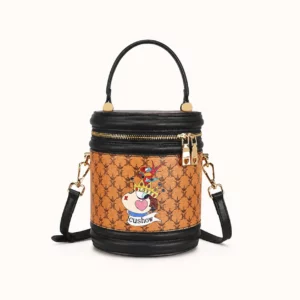 Orange Patterned Mini Bucket Bag with Black Trim and Adjustable Strap