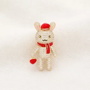 Rhinestone-Style Christmas Bunny Heart Brooch Pin with Red Bow
