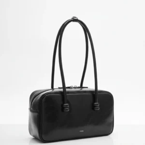Textured Cowhide Leather Baguette Shoulder Bag with Zip Closure