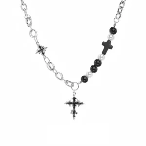 Black & White Beaded Cross Pendant Necklace