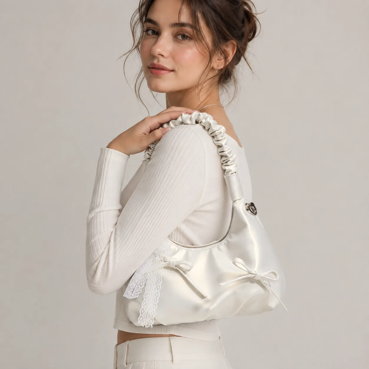 Lace Bow Ruched Handle Shoulder Bag - Image 5