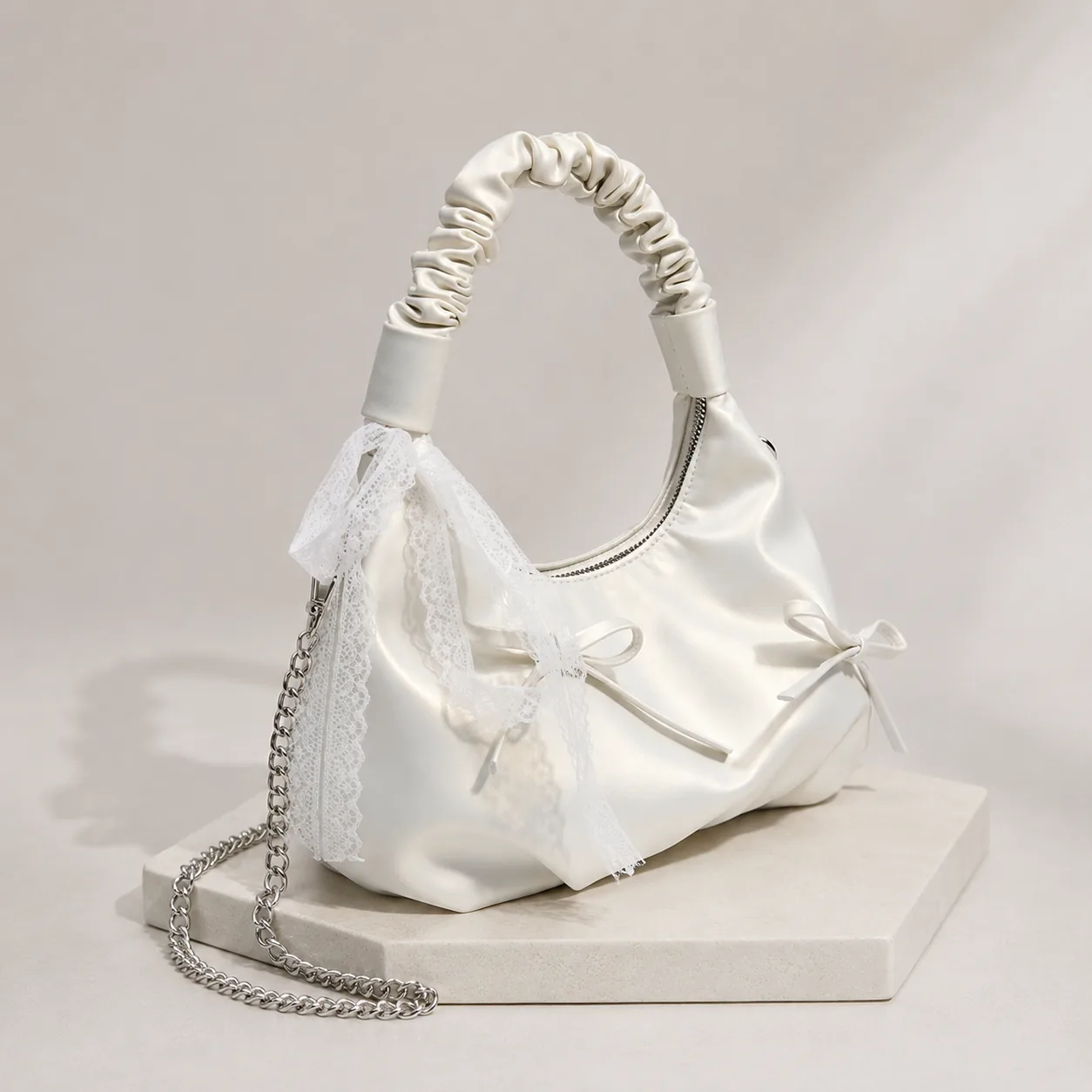 Lace Bow Ruched Handle Shoulder Bag - Image 2