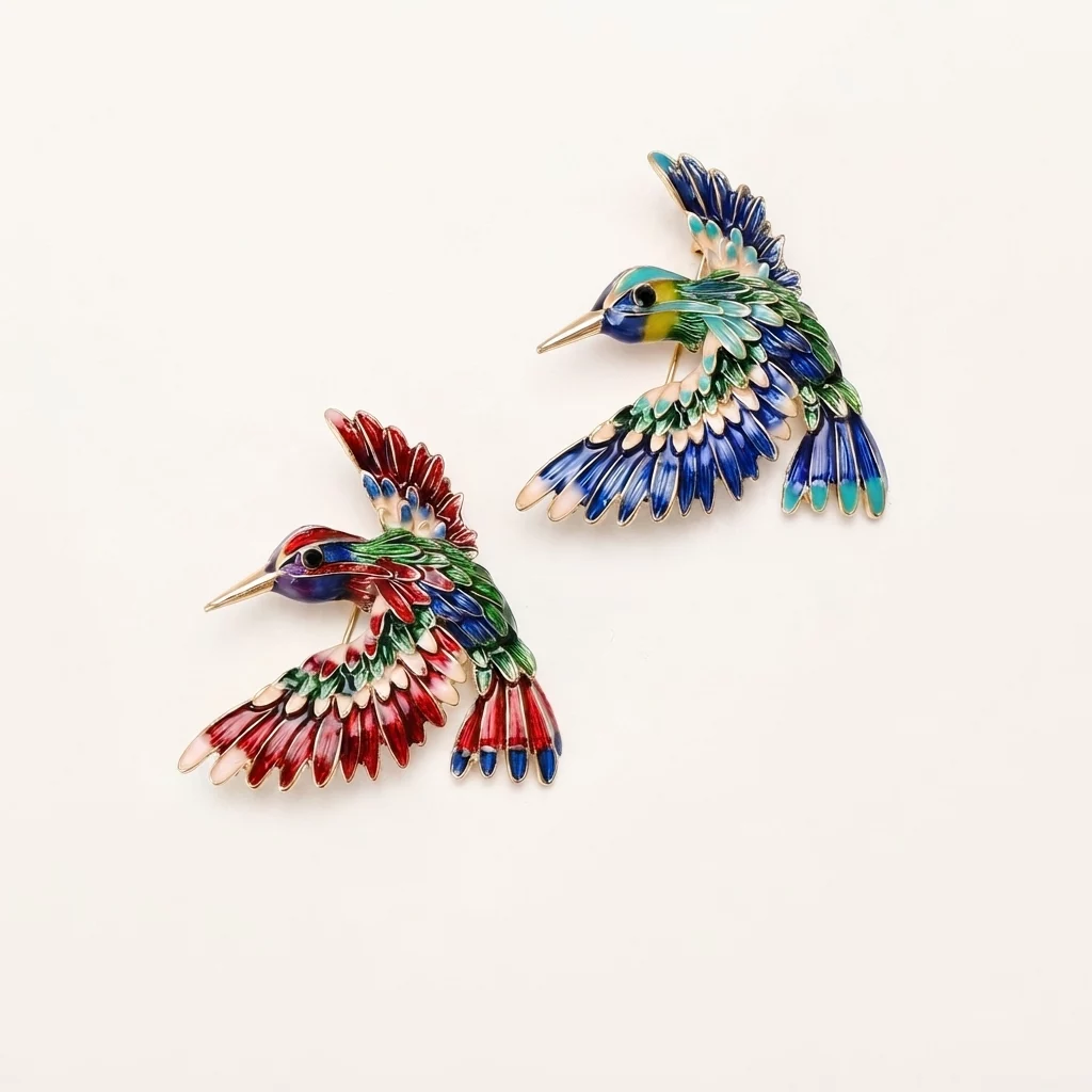 Colorful Enamel Flying Hummingbird Brooch Pin - Image 3