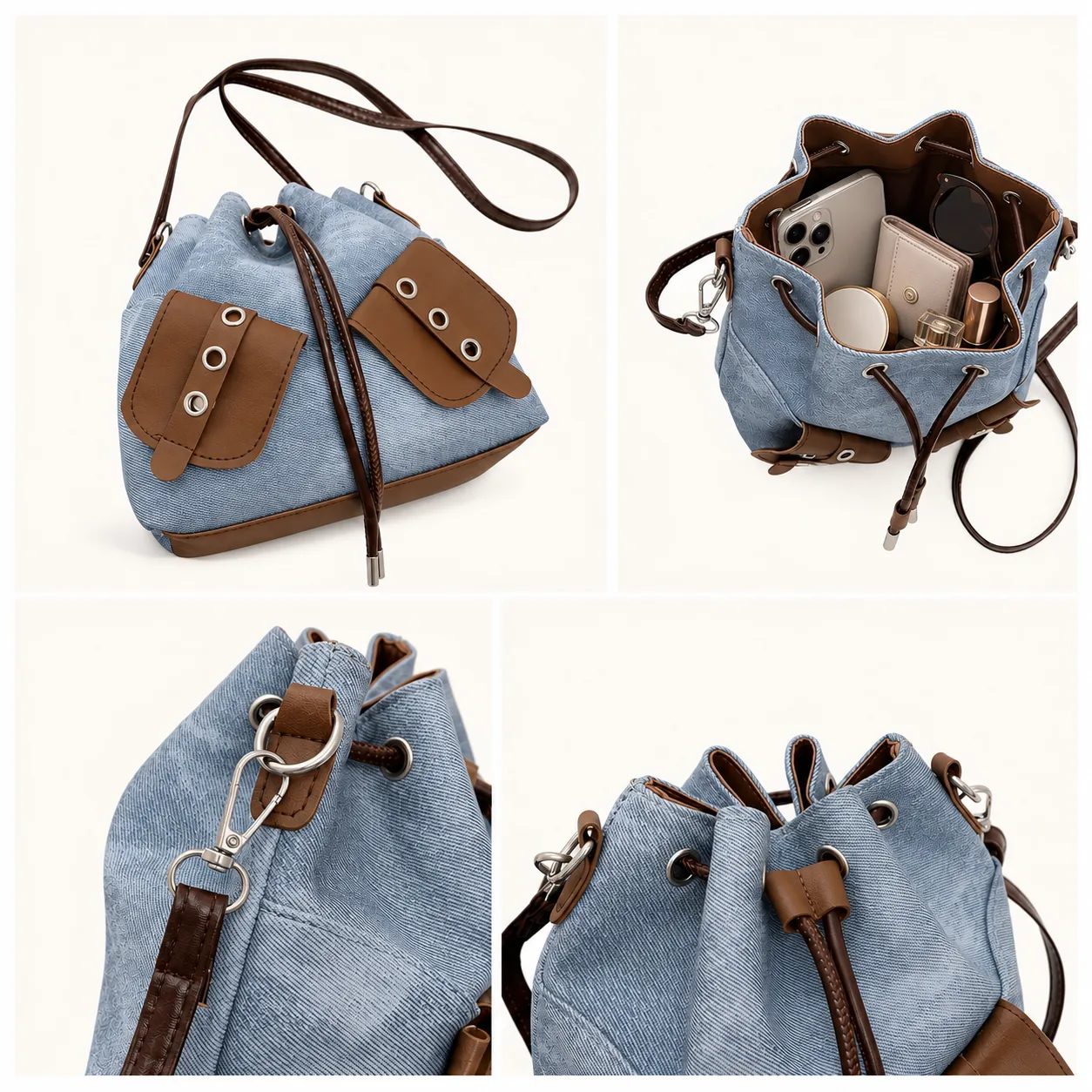 Contrast-Trim Drawstring Crossbody Bucket Bag - Image 4