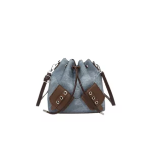 Contrast-Trim Drawstring Crossbody Bucket Bag