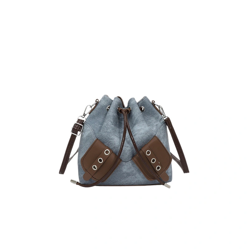 Contrast-Trim Drawstring Crossbody Bucket Bag
