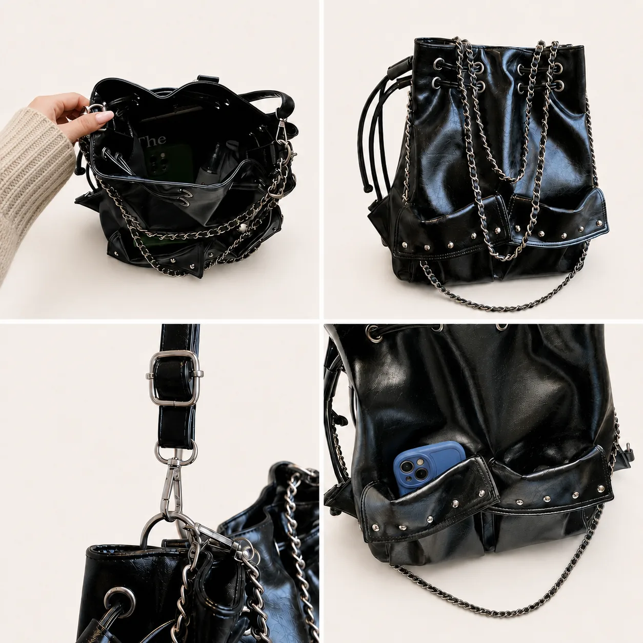 Convertible PU Bucket Backpack with Chain & Rivet Accents - Image 5