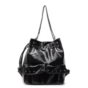 Convertible PU Bucket Backpack with Chain & Rivet Accents