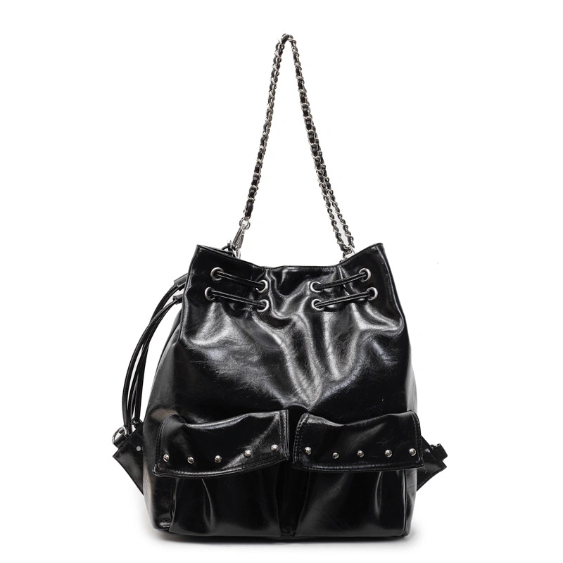 Convertible PU Bucket Backpack with Chain & Rivet Accents