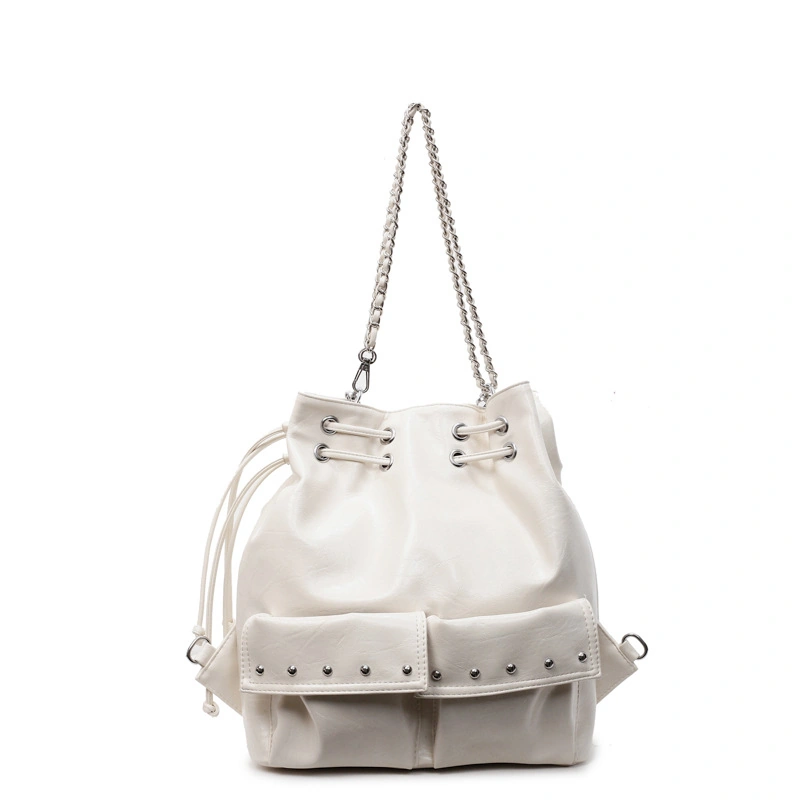 Convertible PU Bucket Backpack with Chain & Rivet Accents - Image 4