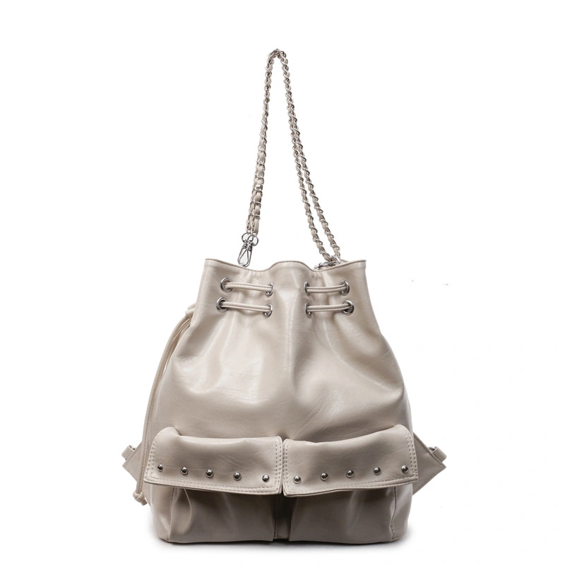 Convertible PU Bucket Backpack with Chain & Rivet Accents - Image 3