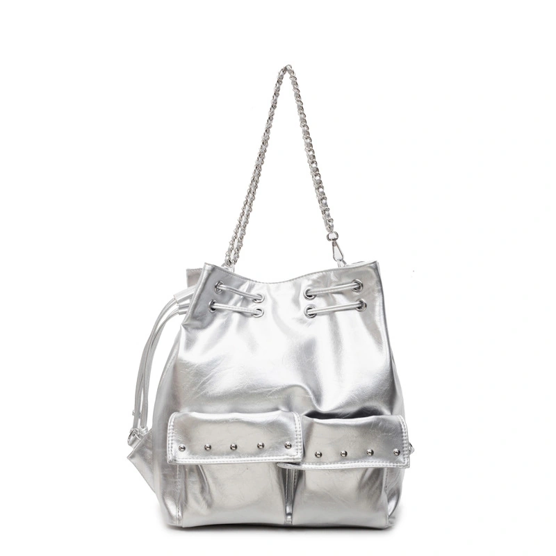 Convertible PU Bucket Backpack with Chain & Rivet Accents - Image 2