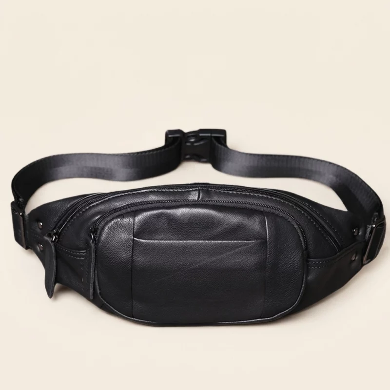 Cowhide Leather Belt Bag with Multi-Zip Storage