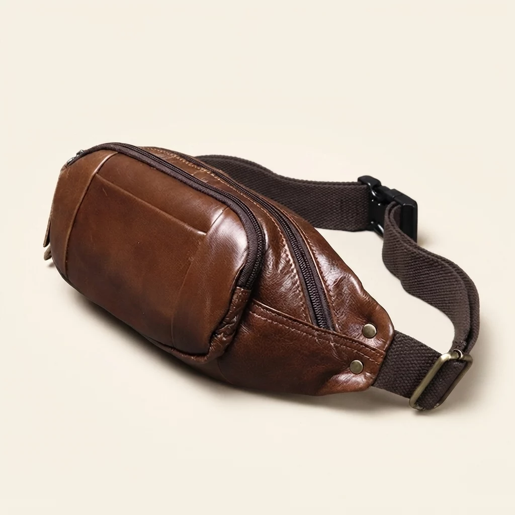 Cowhide Leather Belt Bag with Multi-Zip Storage - Image 4