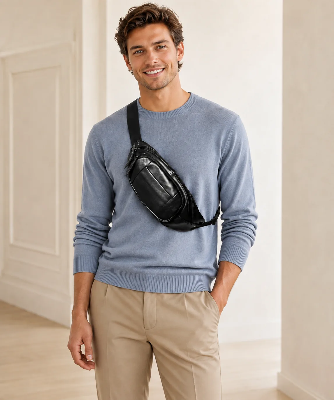 Cowhide Leather Belt Bag with Multi-Zip Storage - Image 7