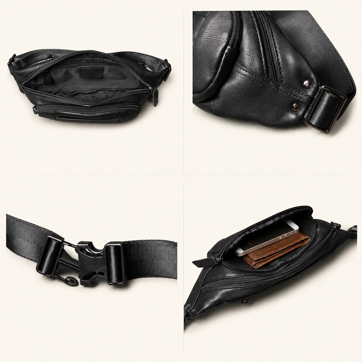 Cowhide Leather Belt Bag with Multi-Zip Storage - Image 6