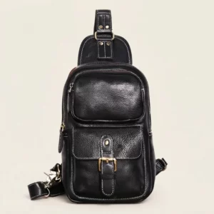 Crazy Horse Cowhide Leather Multi-Pocket Sling Chest Bag - Black