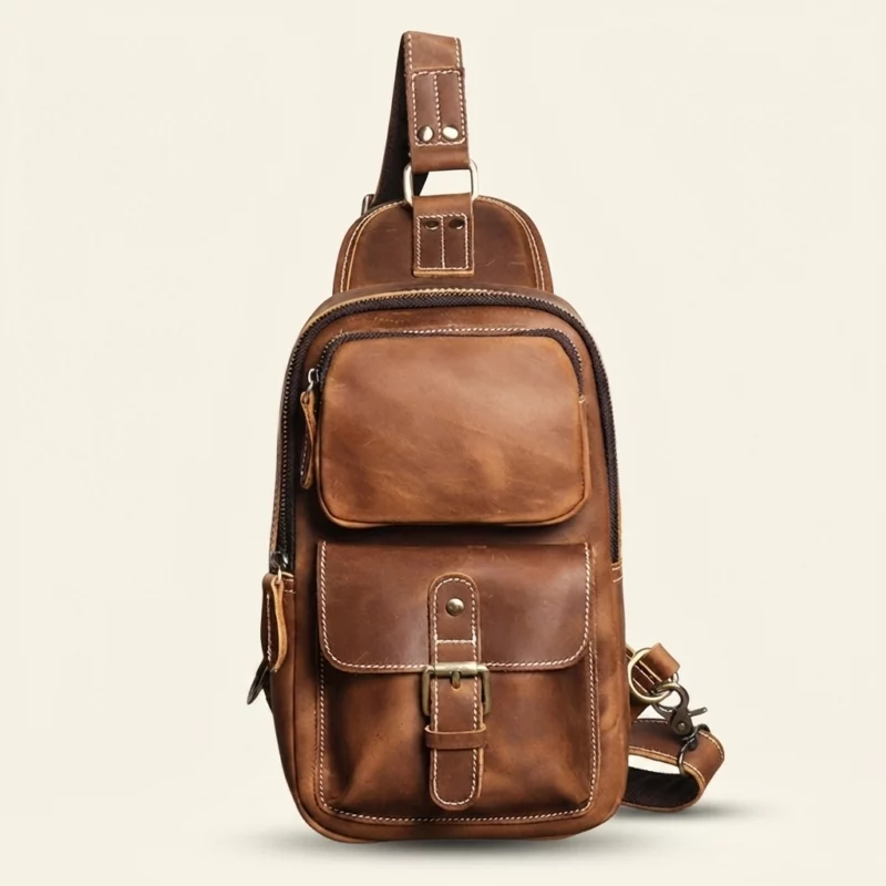 Crazy Horse Cowhide Leather Multi-Pocket Sling Chest Bag