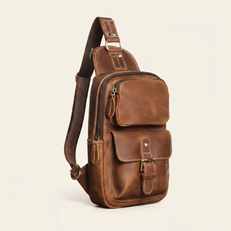 Crazy Horse Cowhide Leather Multi-Pocket Sling Chest Bag - Image 4