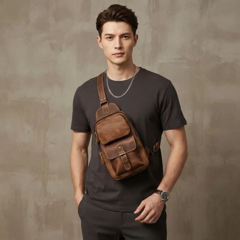 Crazy Horse Cowhide Leather Multi-Pocket Sling Chest Bag - Image 6