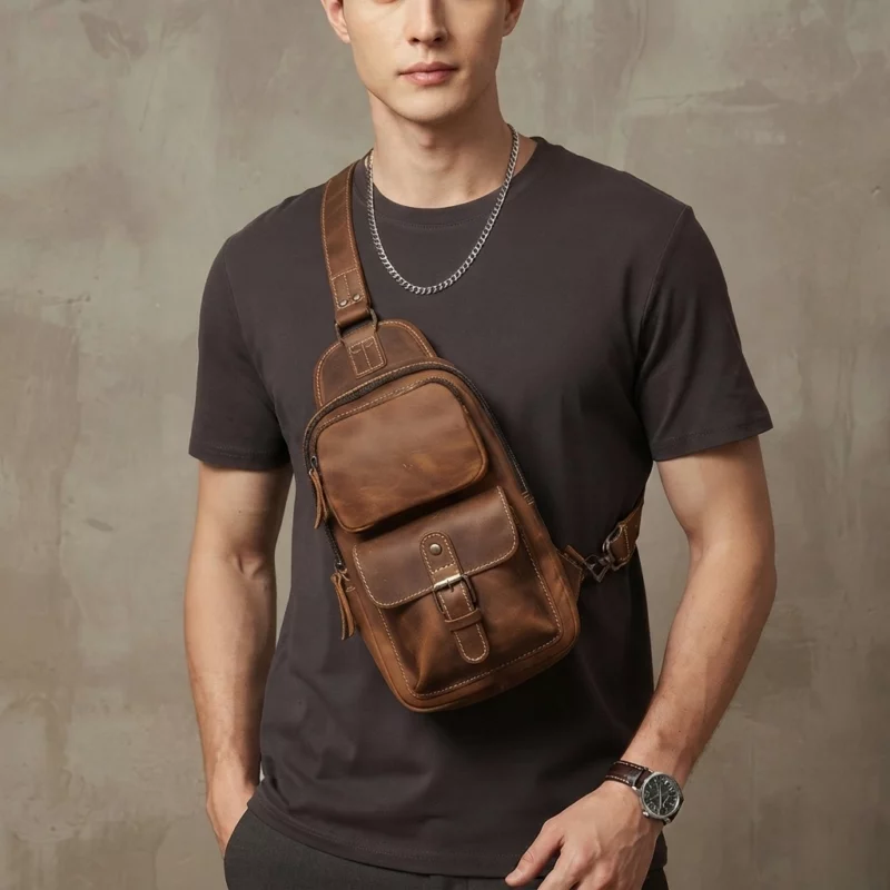 Crazy Horse Cowhide Leather Multi-Pocket Sling Chest Bag - Image 7