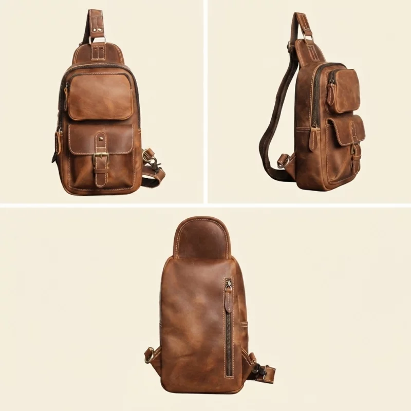 Crazy Horse Cowhide Leather Multi-Pocket Sling Chest Bag - Image 5