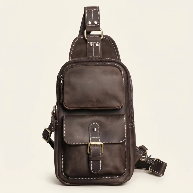 Crazy Horse Cowhide Leather Multi-Pocket Sling Chest Bag - Image 2