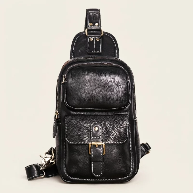 Crazy Horse Cowhide Leather Multi-Pocket Sling Chest Bag - Image 3