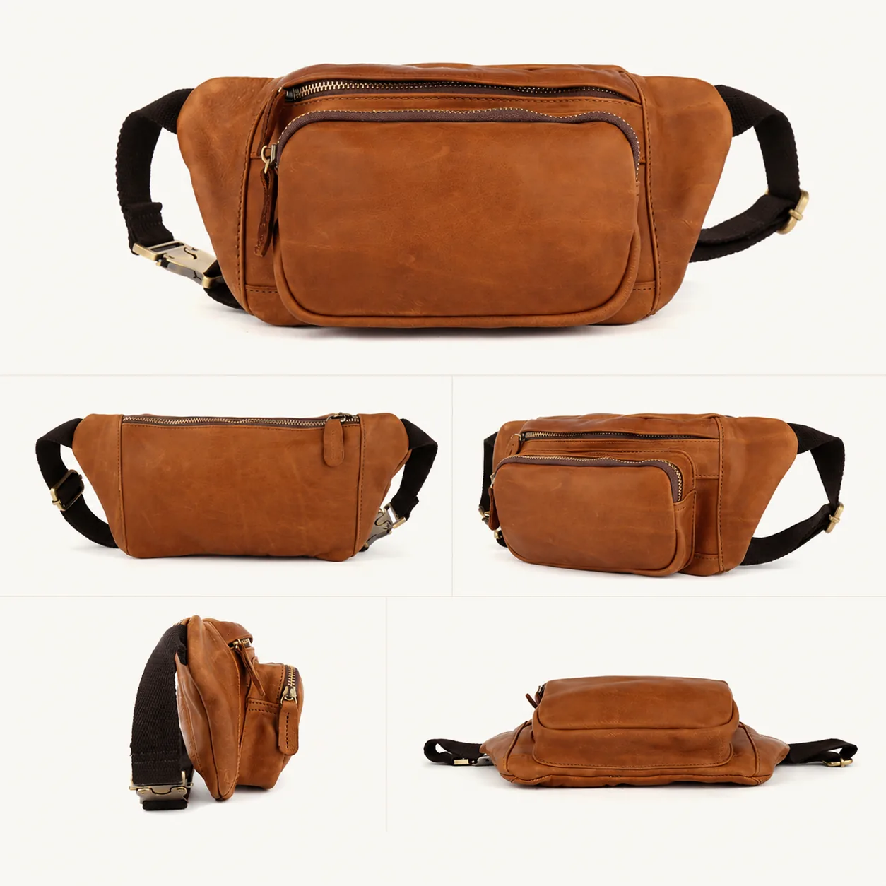 Crazy Horse-Style Top-Grain Cowhide Leather Waist & Crossbody Bag - Image 3