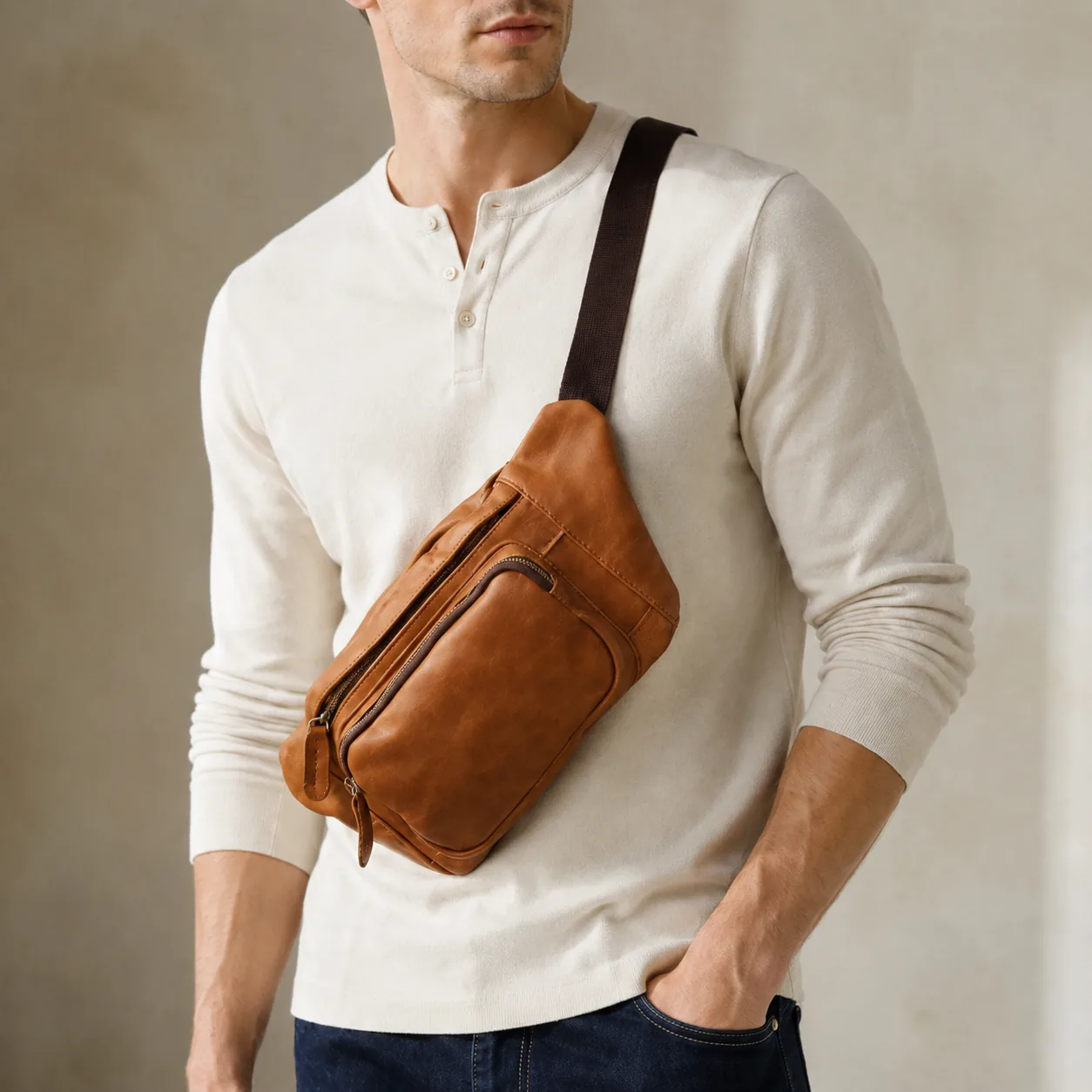 Crazy Horse-Style Top-Grain Cowhide Leather Waist & Crossbody Bag - Image 5