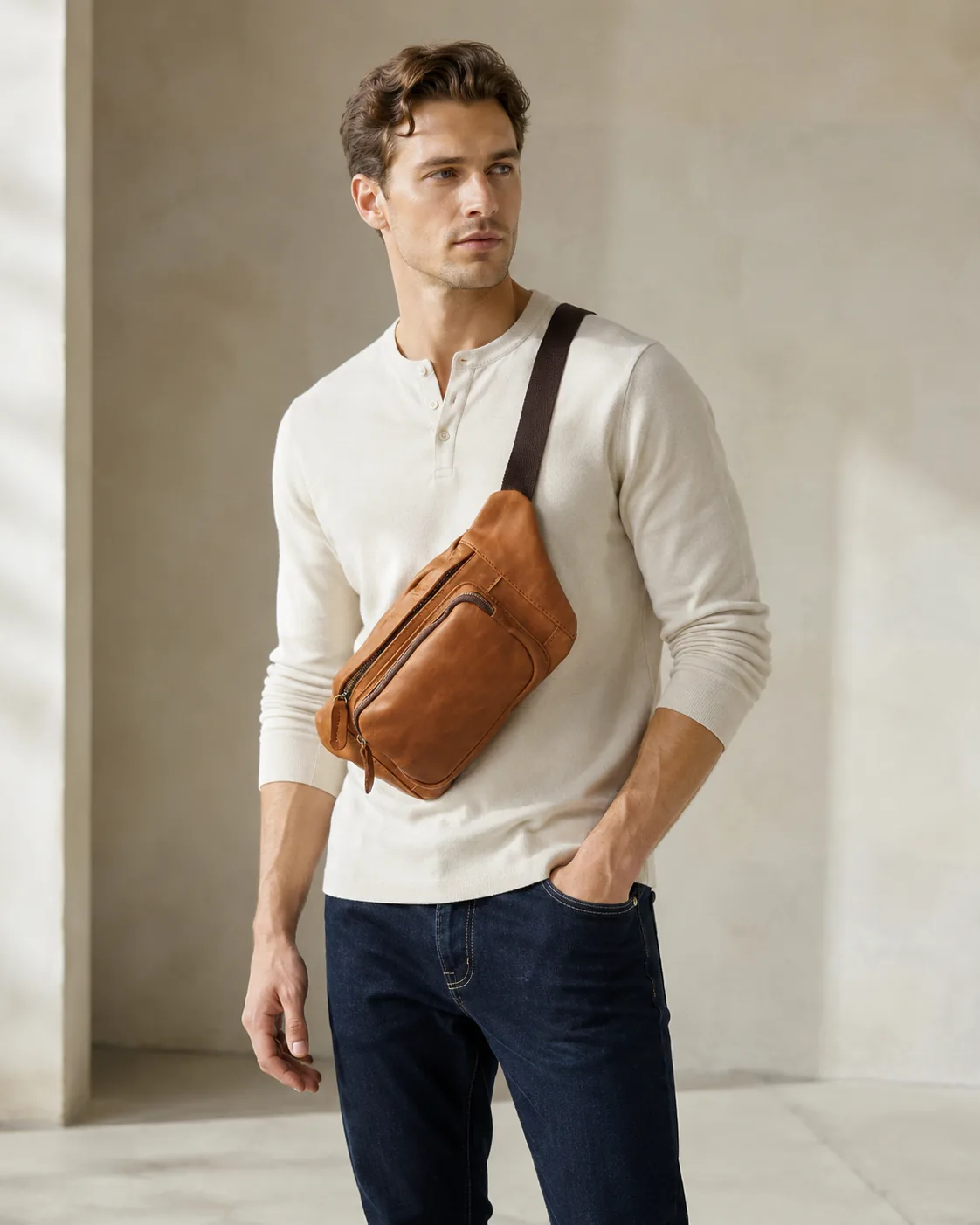 Crazy Horse-Style Top-Grain Cowhide Leather Waist & Crossbody Bag - Image 4