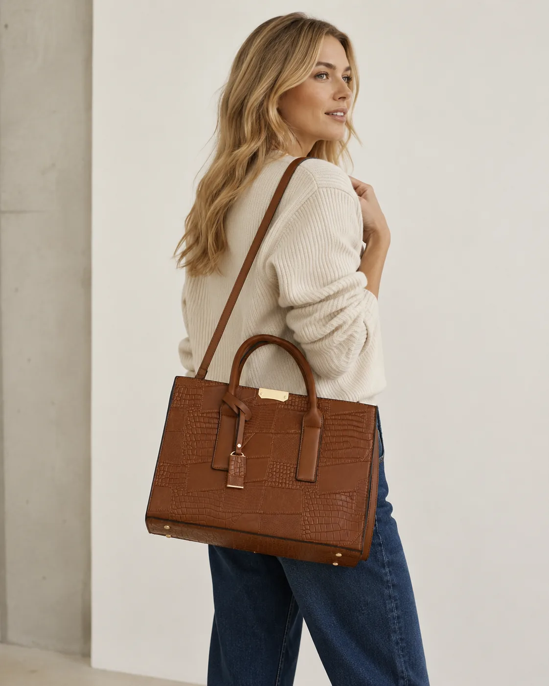 Croc-Embossed Structured Satchel Bag with Adjustable Strap - Image 6