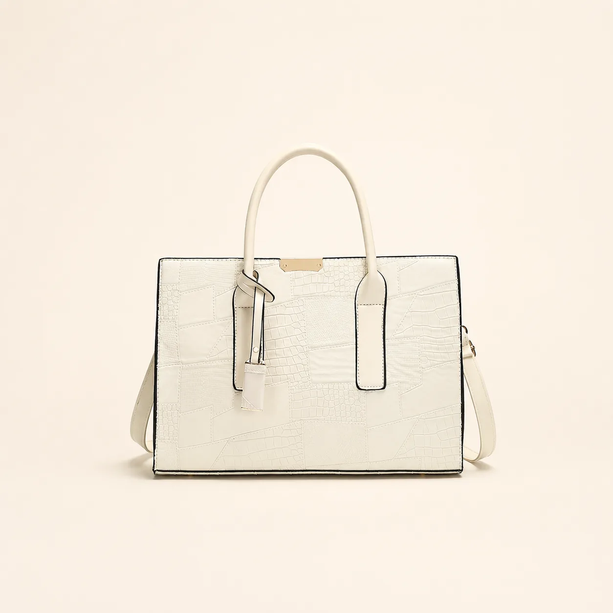 Croc-Embossed Structured Satchel Bag with Adjustable Strap - Image 2