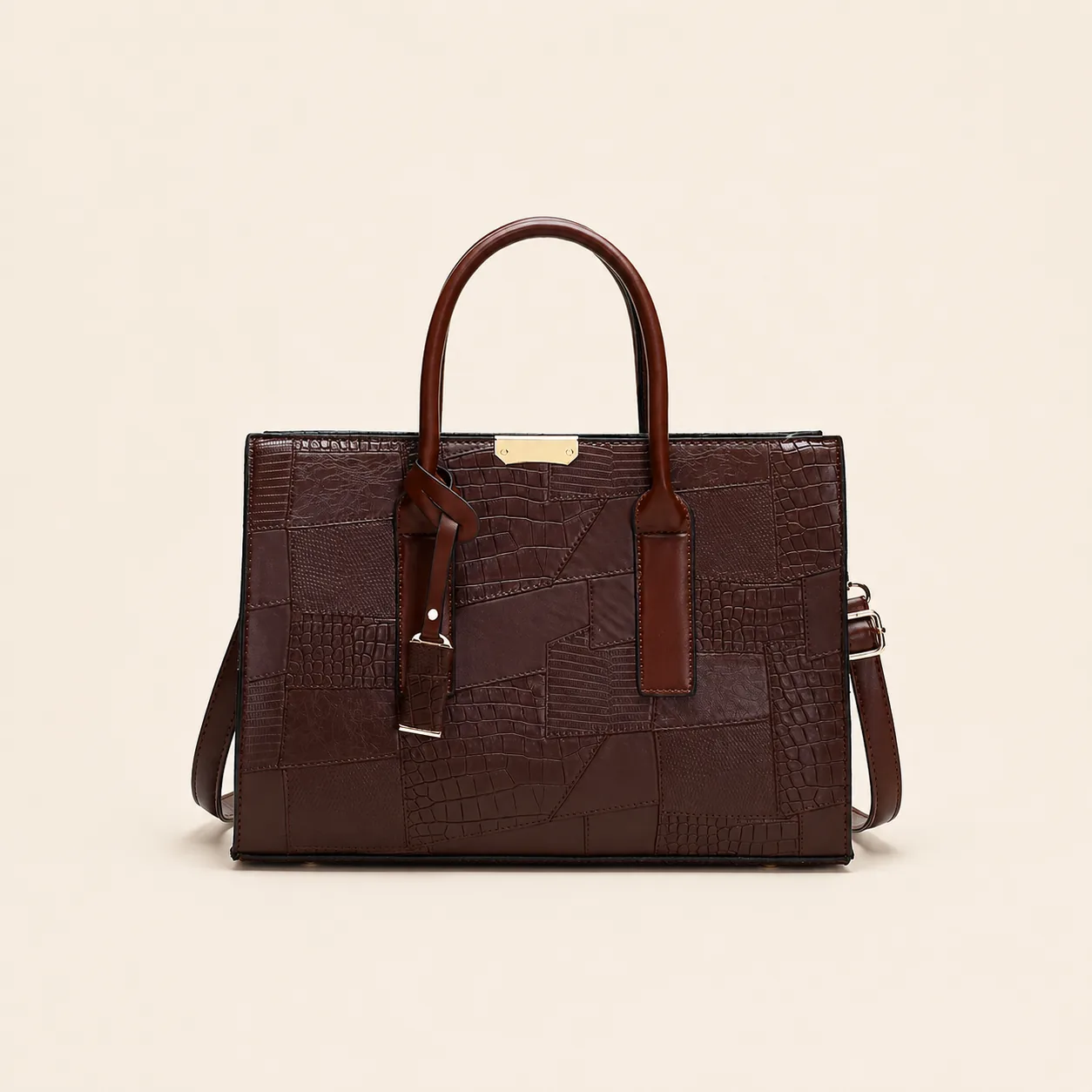 Croc-Embossed Structured Satchel Bag with Adjustable Strap - Image 3
