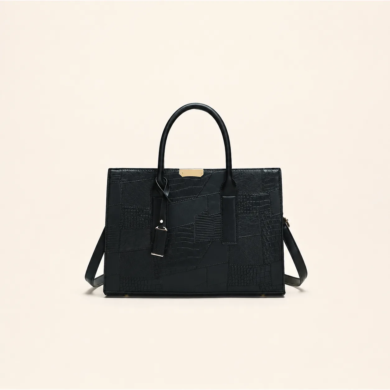 Croc-Embossed Structured Satchel Bag with Adjustable Strap - Image 4