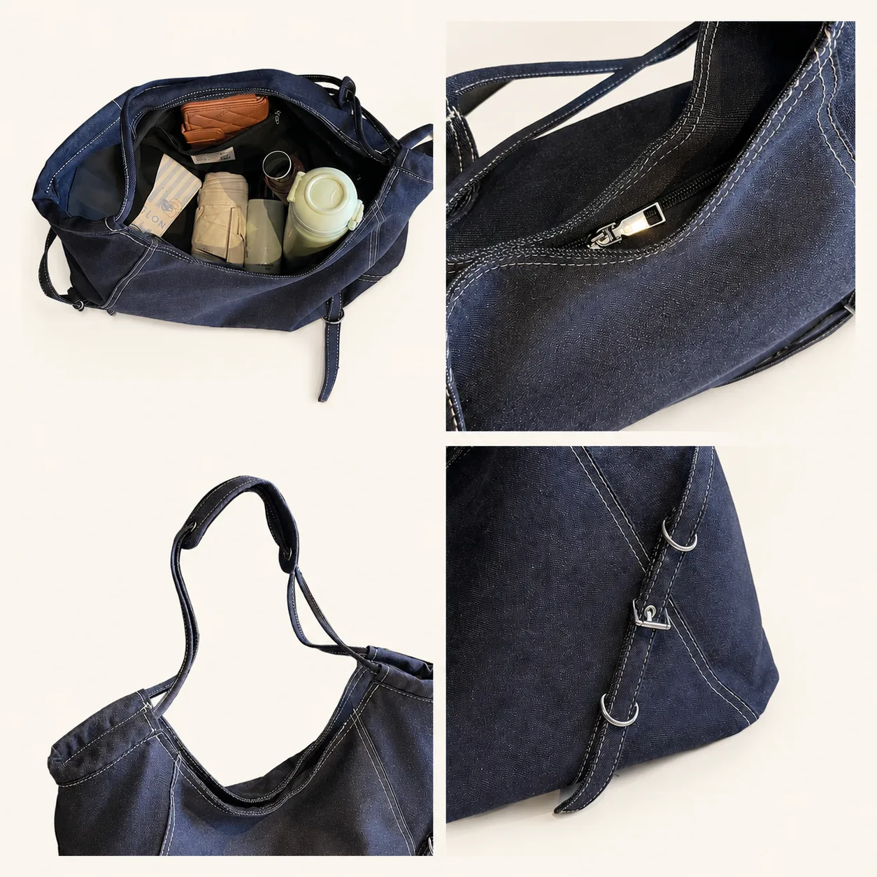 Denim Slouchy Zip-Top Hobo Shoulder Bag with Contrast Stitching - Image 7