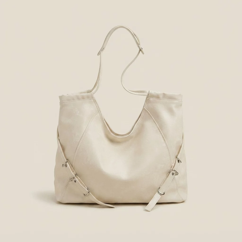 Denim Slouchy Zip-Top Hobo Shoulder Bag with Contrast Stitching - Image 5
