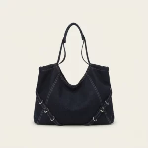 Denim Slouchy Zip-Top Hobo Shoulder Bag with Contrast Stitching