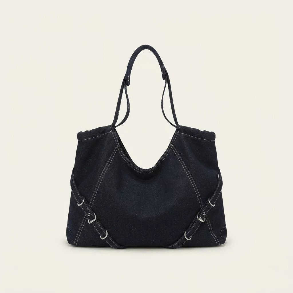 Denim Slouchy Zip-Top Hobo Shoulder Bag with Contrast Stitching