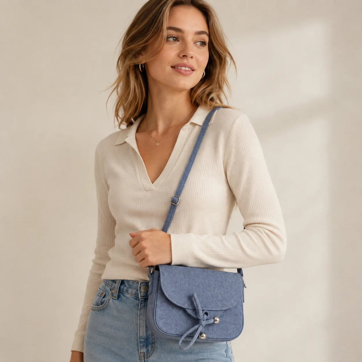 Denim-Texture Bow Crossbody Bag - Image 3