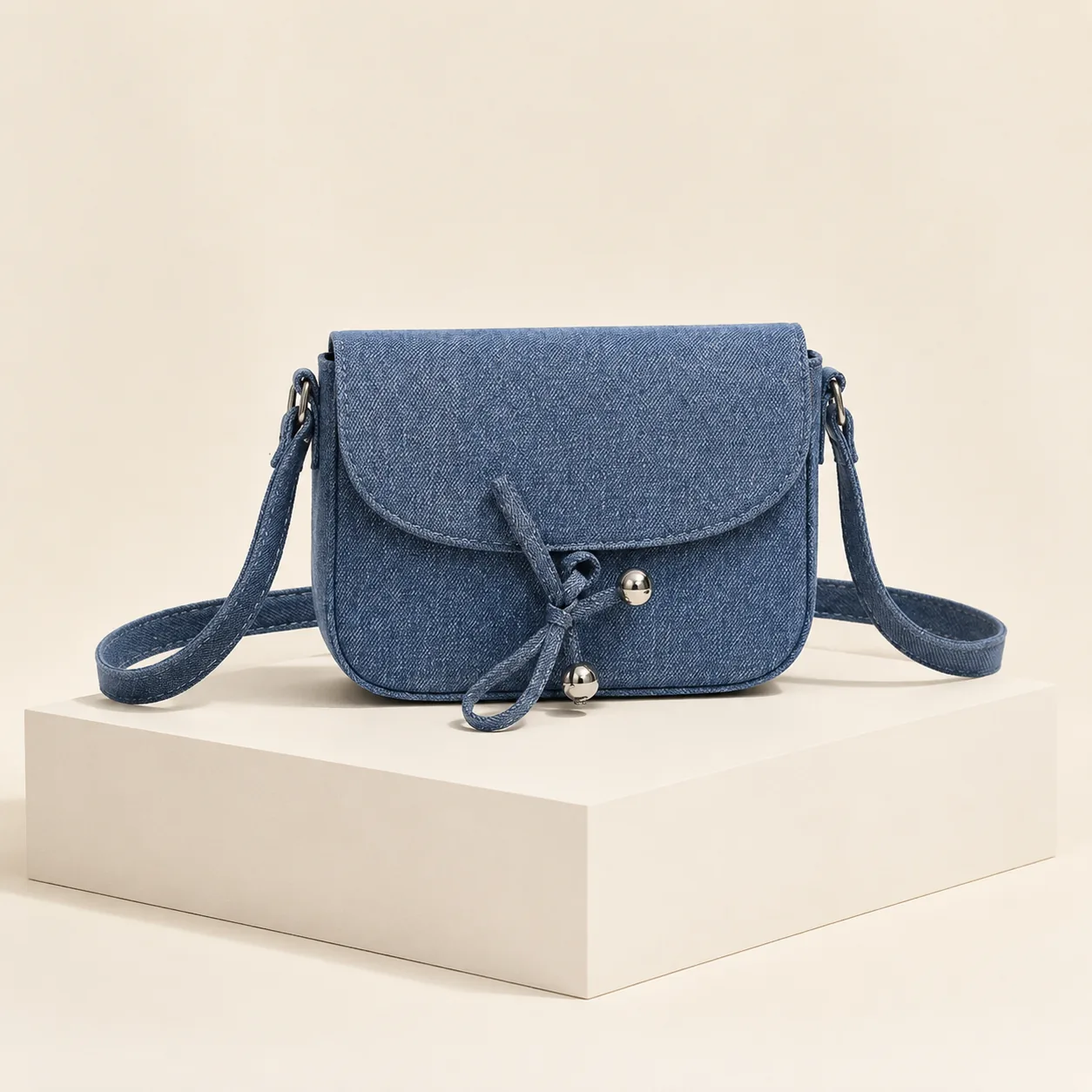 Denim-Texture Bow Crossbody Bag
