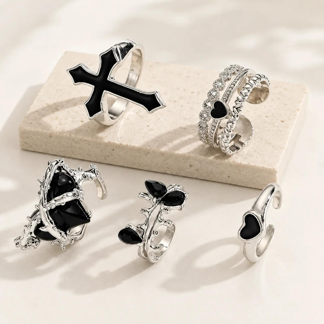Gothic Cross & Heart Rhinestone 5-Piece Adjustable Ring Set - Image 2