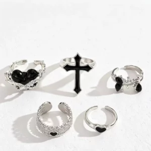 Gothic Cross & Heart Rhinestone 5-Piece Adjustable Ring Set