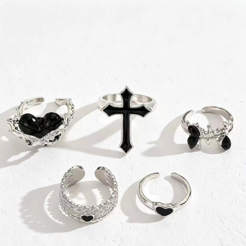 Gothic Cross & Heart Rhinestone 5-Piece Adjustable Ring Set