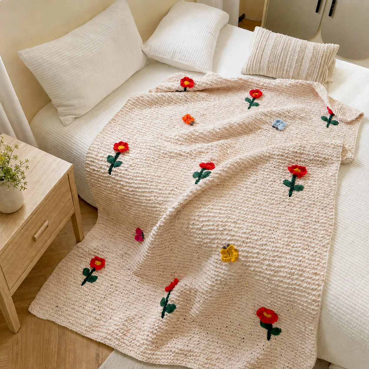 Hand-Knit 3D Floral Chunky Throw Blanket - Image 2