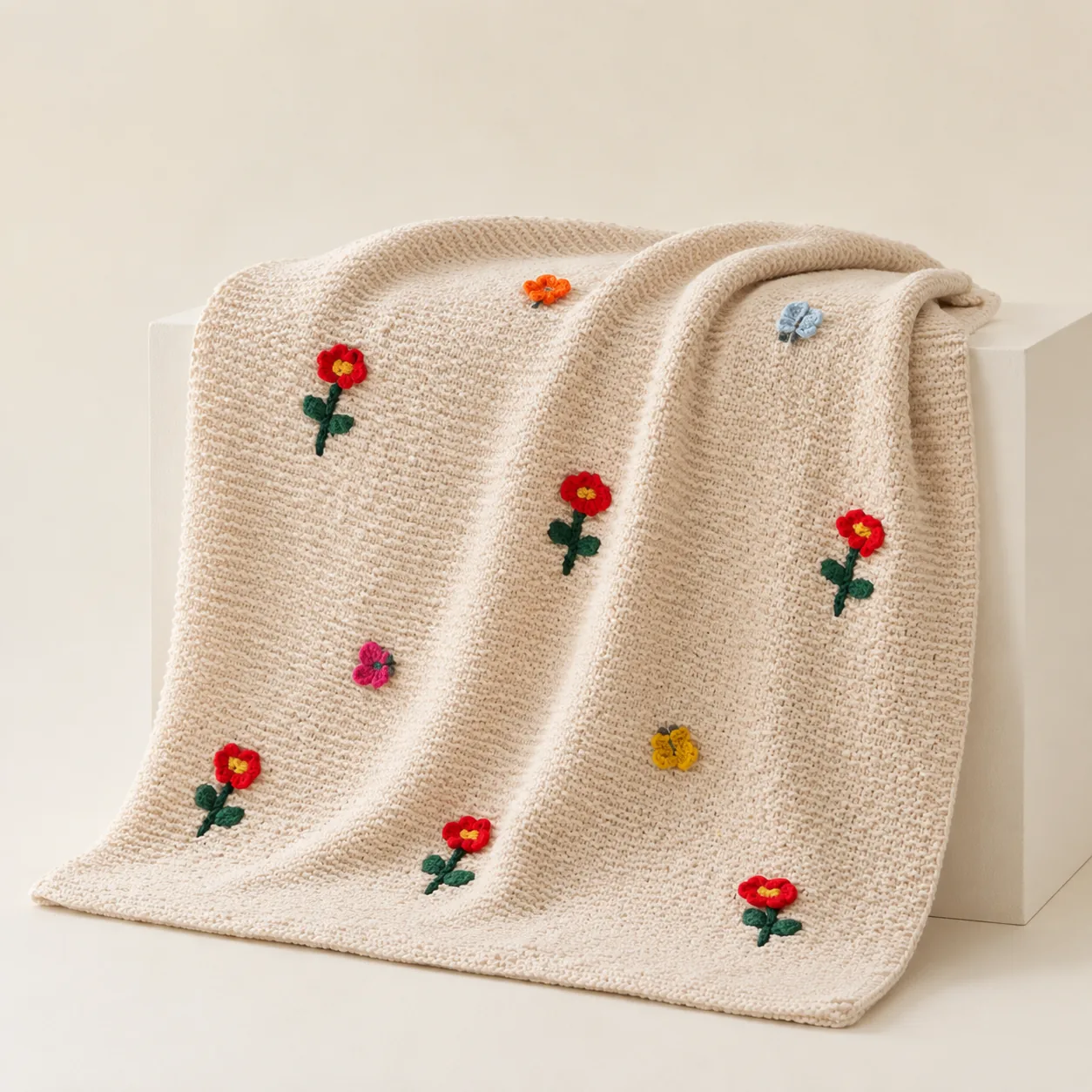 Hand-Knit 3D Floral Chunky Throw Blanket