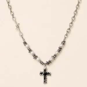 Irregular Pearl-Look Bead Cross Pendant Necklace