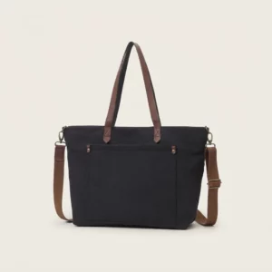 Large Canvas Tote Bag with Adjustable Crossbody Strap & Front Pocket - Black