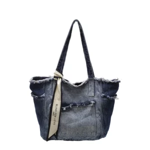 Large Frayed Denim Zip Tote Bag