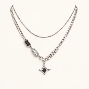 Layered Star Pendant Necklace with Titanium Steel Chain & Black Accents